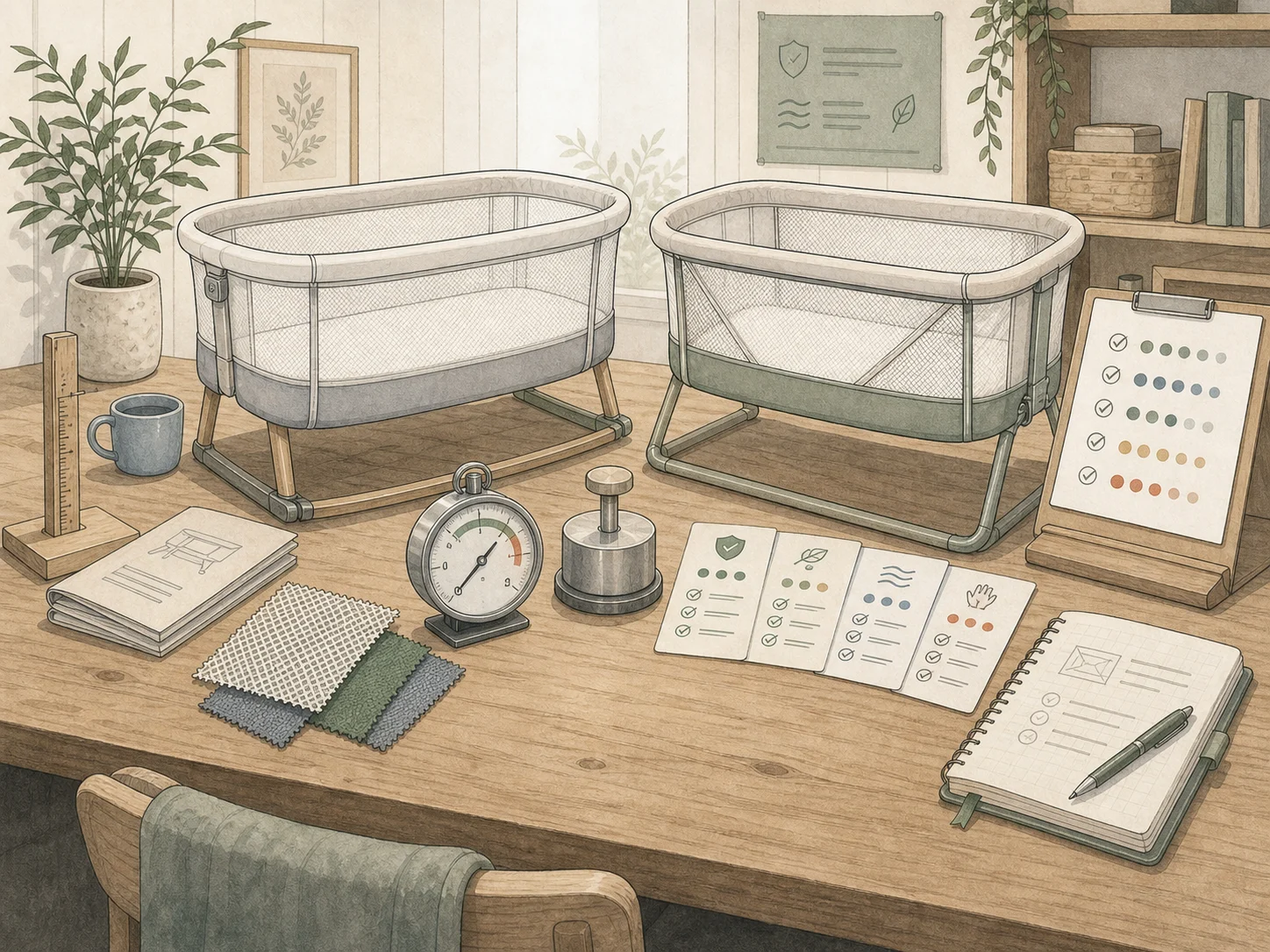 Editorial illustration of an evidence desk used for bassinet comparison methodology.