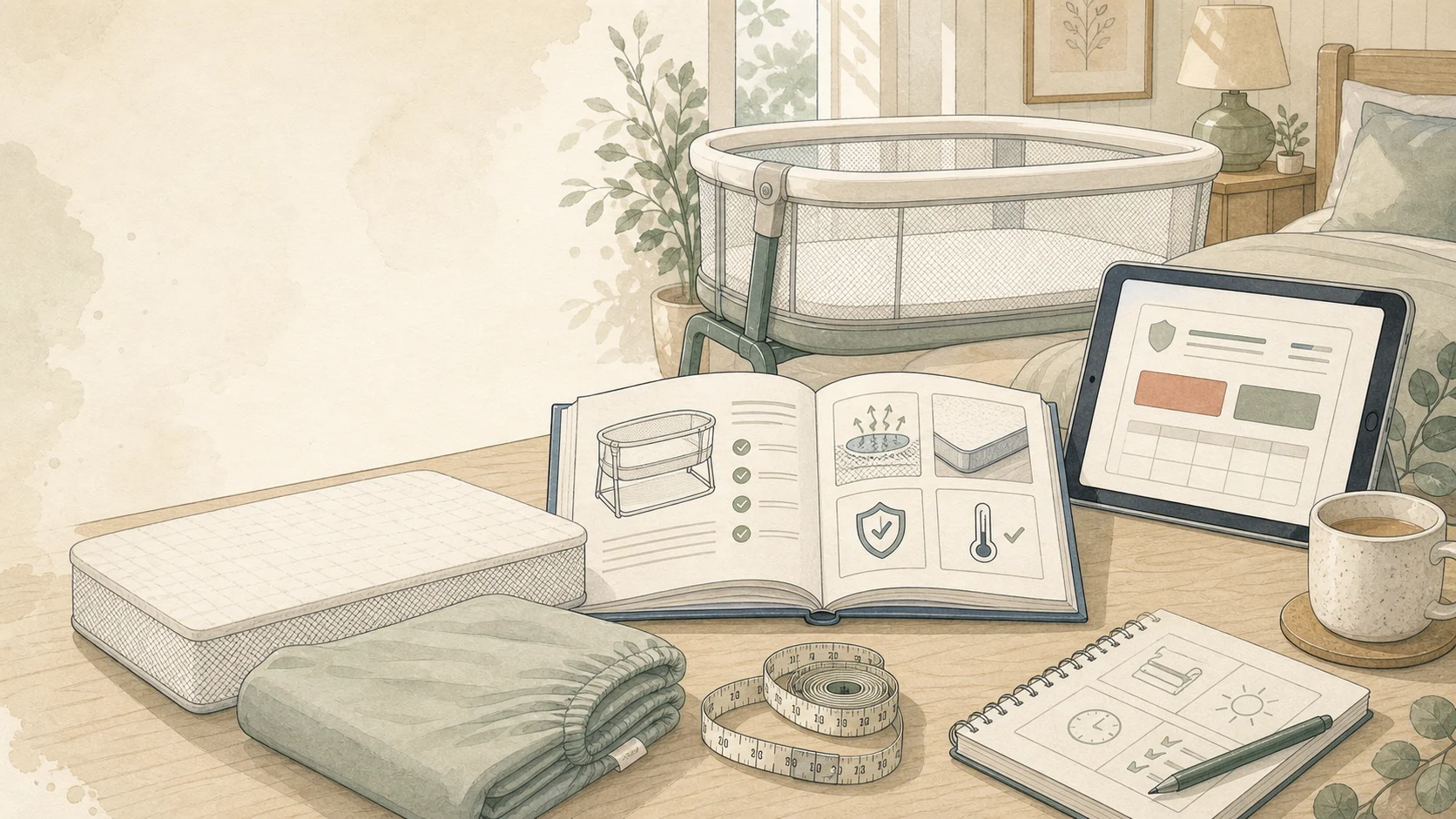 Editorial illustration of a nursery evidence desk with a bassinet manual, fitted sheet, recall lookup, and safe-sleep checklist.
