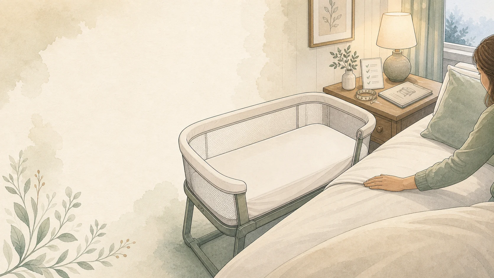 Editorial illustration of a bare bassinet beside an adult bed with a checklist on a nursery worktable.